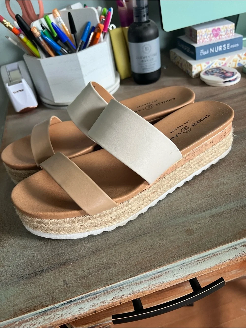 Chinese Laundry Cream Platform Espadrille Slide Sandals